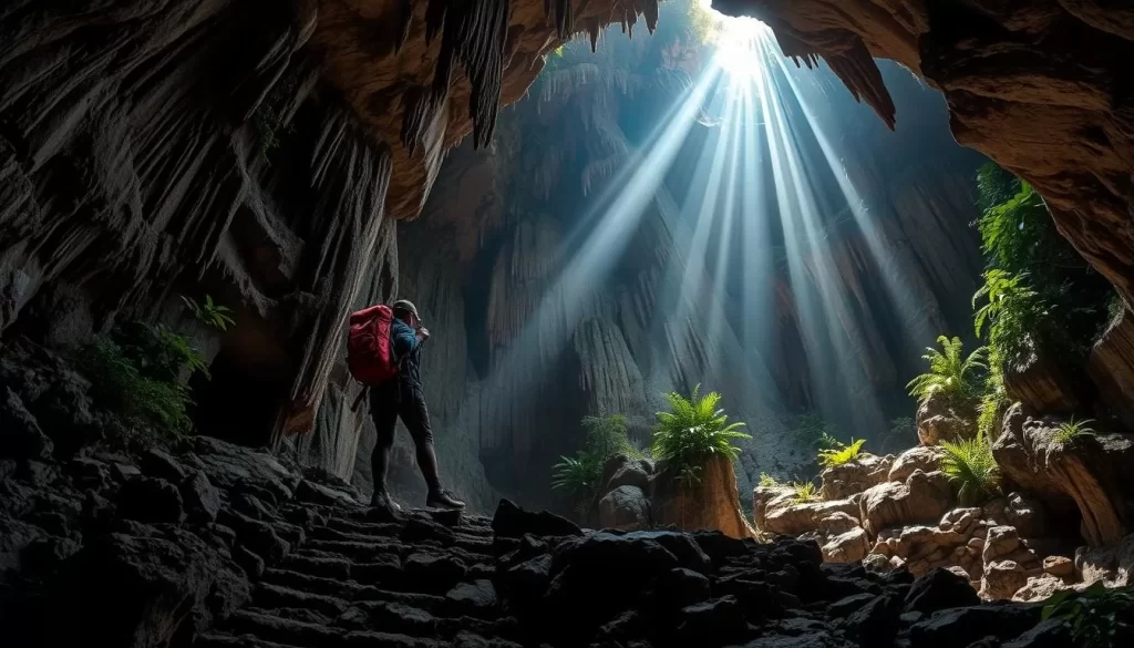A vast, sunlit cave interior with towering limestone formations and shafts of light streaming through crevices. Stalactites and stalagmites glisten as a team of explorers carefully navigates the rocky terrain, their headlamps illuminating the path ahead. The air is cool and damp, creating an atmosphere of mystery and discovery. Lush vegetation clings to the cave walls, hinting at the vibrant ecosystem thriving within. Capture the sense of adventure and the awe-inspiring scale of this natural wonder.