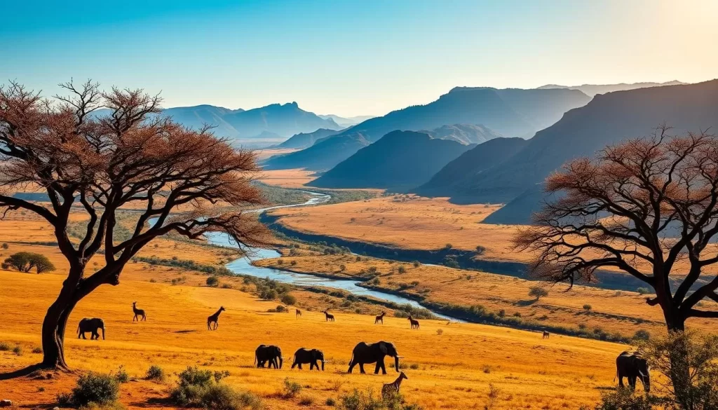 A vast, sweeping landscape of the Samburu National Reserve in Kenya, bathed in warm, golden light. In the foreground, majestic acacia trees dot the rolling savanna, their twisted branches reaching towards a bright, azure sky. Elephants and giraffes graze peacefully, their silhouettes standing in contrast against the vibrant hues. In the middle ground, a winding river cuts through the terrain, its banks lined with lush, verdant vegetation. Steep, rugged hills rise in the distance, their rocky outcroppings casting long shadows across the scene. The atmosphere is one of tranquility and timelessness, inviting the viewer to immerse themselves in the natural splendor of this East African landscape.
