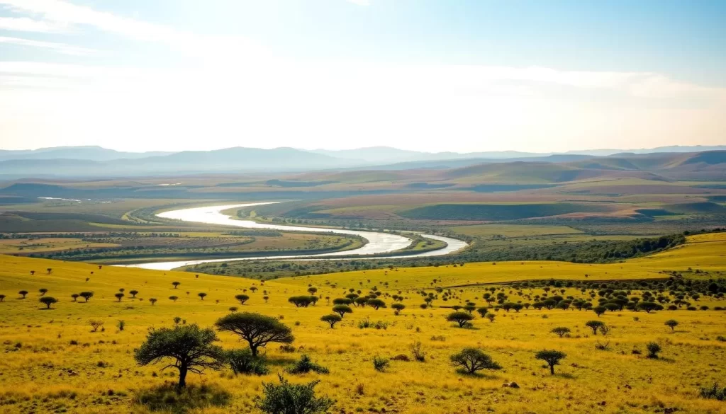 A vast, sweeping panorama of the Masai Mara National Reserve in Kenya. In the foreground, lush grasslands dotted with clusters of acacia trees sway gently in the warm breeze. The middle ground reveals a winding river, its waters shimmering under the golden rays of the sun. In the distance, rolling hills rise up, their slopes covered in a patchwork of vibrant greens and ochres. Wispy clouds drift overhead, casting soft shadows across the landscape. The scene exudes a sense of tranquility and timeless beauty, capturing the essence of this iconic African wilderness.