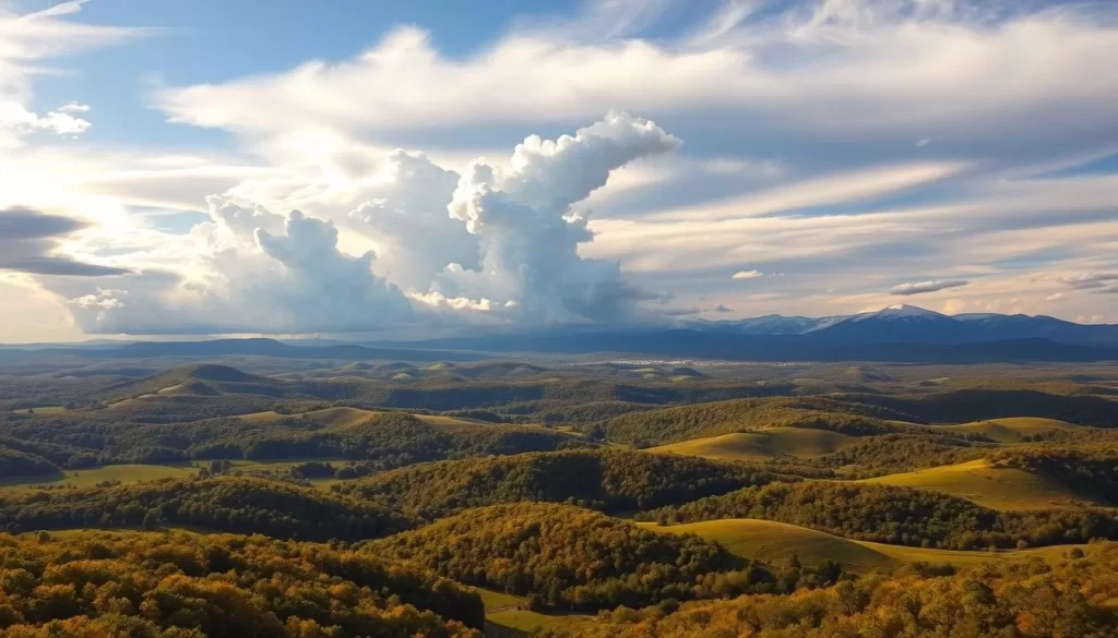 A vast, sweeping vista of Arkansas's diverse weather patterns unfolds before the viewer. In the foreground, a rolling landscape dotted with lush, verdant hills and forests, bathed in warm, golden sunlight that filters through wispy, ethereal clouds. In the middle ground, towering cumulonimbus clouds, their majestic forms sculpted by the whims of the wind, pregnant with the promise of thunderstorms. And in the distance, the silhouettes of the Ozark Mountains, their peaks capped with a dusting of snow, a testament to the state's dramatic seasonal shifts. The scene is imbued with a sense of tranquility and wonder, reflecting the diverse and ever-changing weather patterns that define the natural beauty of Arkansas.