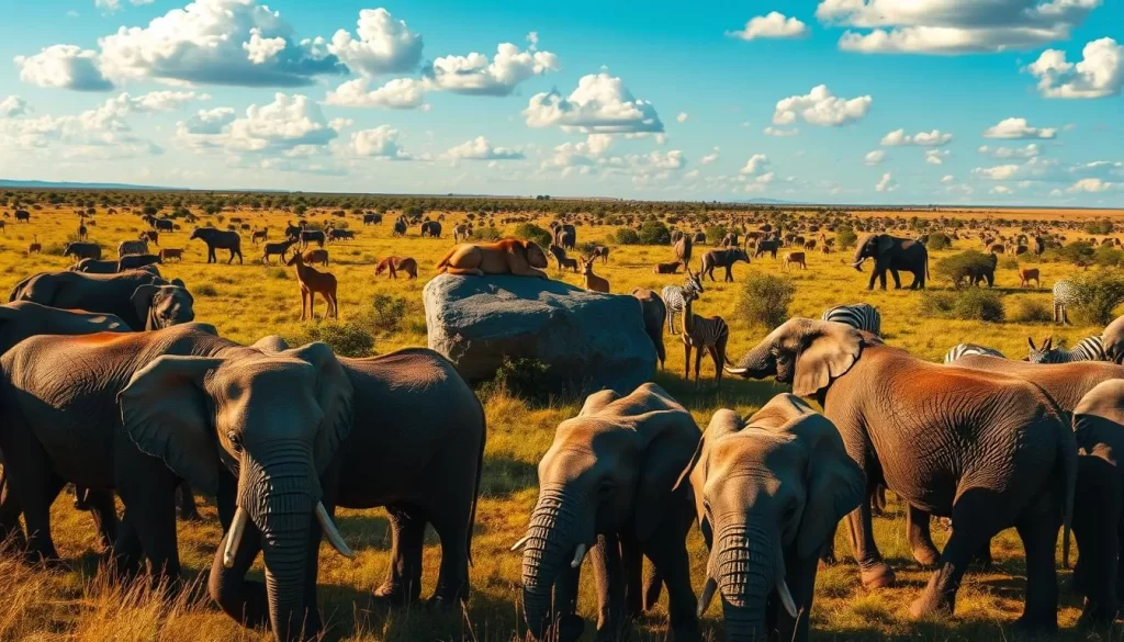 A vibrant African safari scene set in the heart of Naivasha, Kenya. In the foreground, a herd of majestic elephants graze peacefully, their wrinkled grey skin glistening in the warm, golden sunlight. In the middle ground, a pride of lions lazily bask on a large rock, their powerful forms casting long shadows. In the distance, a diverse array of other wildlife - giraffes, zebras, antelopes - roam the lush, verdant savanna, under a bright blue sky peppered with fluffy white clouds. The scene is captured with a wide-angle lens, providing a sweeping, cinematic view of this stunning natural habitat, conveying a sense of tranquility and wonder.