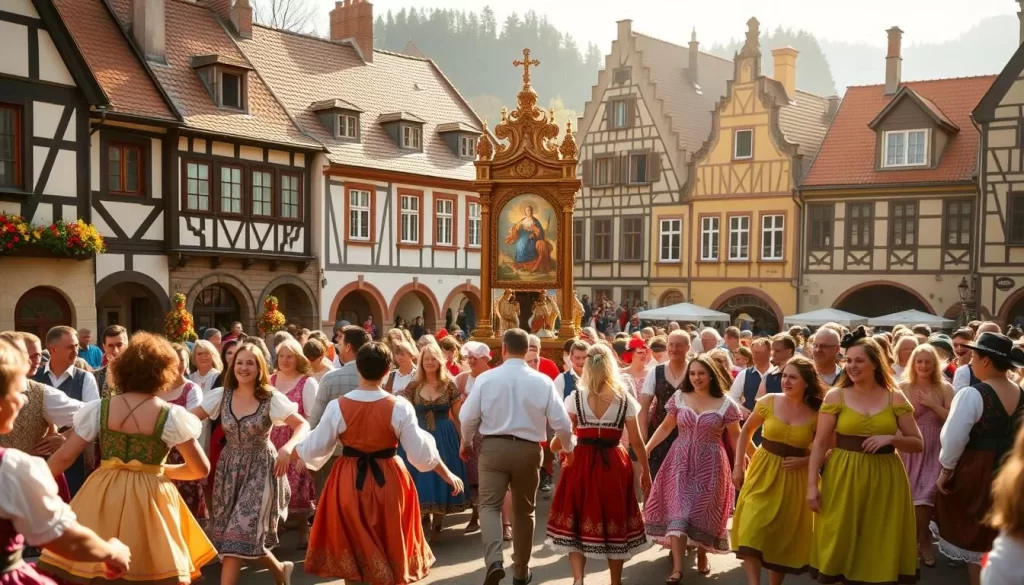 A vibrant, Baroque-style scene of the Echternach Dancing Procession, a centuries-old UNESCO cultural heritage event in Luxembourg. In the foreground, a crowd of joyful participants dressed in colorful traditional costumes dance in a lively, synchronized manner, their feet moving in a mesmerizing, rhythmic pattern. In the middle ground, a towering, ornate religious processional float adorned with intricate carvings and paintings is carried by the dancers, creating a sense of reverence and ceremony. The background features the historic, picturesque buildings of Echternach, with their half-timbered facades and red-tiled roofs bathed in warm, golden sunlight, conveying a serene, idyllic atmosphere.