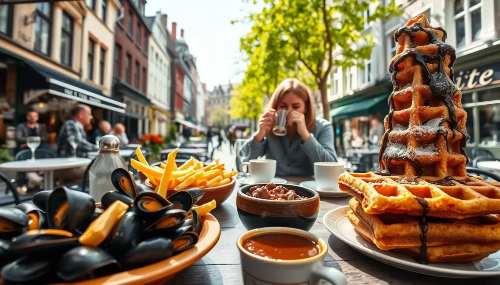 A vibrant Belgian culinary tableau unfolds on a sun-drenched cafe terrace. In the foreground, a platter of steaming moules-frites - glistening mussels and golden fries. Beside it, a hearty beef stew in a ceramic bowl, its fragrant steam swirling. Across the table, a Belgian waffle towers, drizzled in chocolate and dusted with powdered sugar. Against a backdrop of charming historic buildings, a local couple sips rich, aromatic coffee and savors each delectable bite, immersed in the lively atmosphere of this Ghent streetscape. Crisp, natural lighting filters through overhead trees, casting a warm glow on the scene. A wide-angle lens captures the inviting depth and scale of this quintessential Belgian culinary experience.