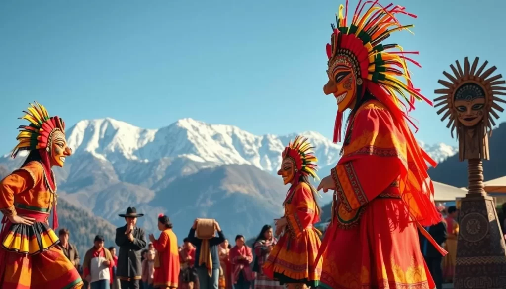A vibrant Bhutanese festival unfolding in a picturesque mountain landscape. In the foreground, colorfully dressed dancers perform traditional masked dances, their intricate costumes and headdresses swaying to the rhythmic beats of drums and horns. In the middle ground, local artisans showcase their handcrafted wares, from intricate textiles to intricately carved wooden masks. The background features snow-capped peaks and a clear azure sky, creating a serene and majestic atmosphere. Warm natural lighting illuminates the scene, casting a golden glow over the festivities. Capture the spirit of Bhutan's vibrant cultural heritage in this vivid, immersive image.
