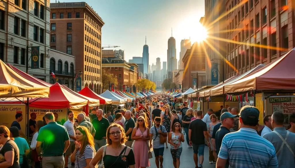A vibrant Chicago street festival in full swing, with an array of colorful tents and banners lining the sidewalks. Crowds of locals and tourists mingle, sampling delicious street food and browsing the wares of local artisans. The sun casts a warm, golden glow, illuminating the scene and creating a festive atmosphere. In the background, historic buildings and the iconic skyline of the Windy City provide a stunning backdrop. Lens flare adds a touch of magic, capturing the energy and excitement of this annual community celebration.