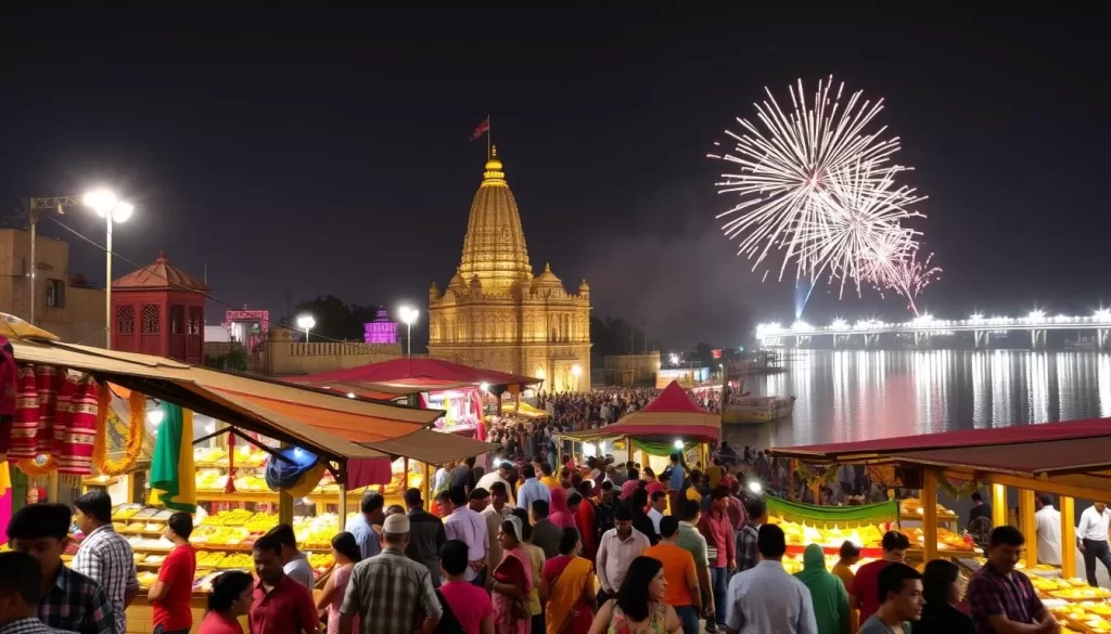 A vibrant Diwali celebration in the heart of Madhya Pradesh, India. In the foreground, a bustling marketplace lined with colorful stalls selling traditional lamps, sweets, and handicrafts. A mix of locals and visitors browse the wares, their faces illuminated by the warm glow of diyas. In the middle ground, a grand temple stands tall, its intricate architecture adorned with marigold garlands and twinkling lights. In the background, a serene river reflects the shimmering lights of the festivities, as fireworks burst in the night sky, casting a magical ambiance over the entire scene. Capture the vibrant energy, rich cultural heritage, and joyous spirit of Diwali in Madhya Pradesh.