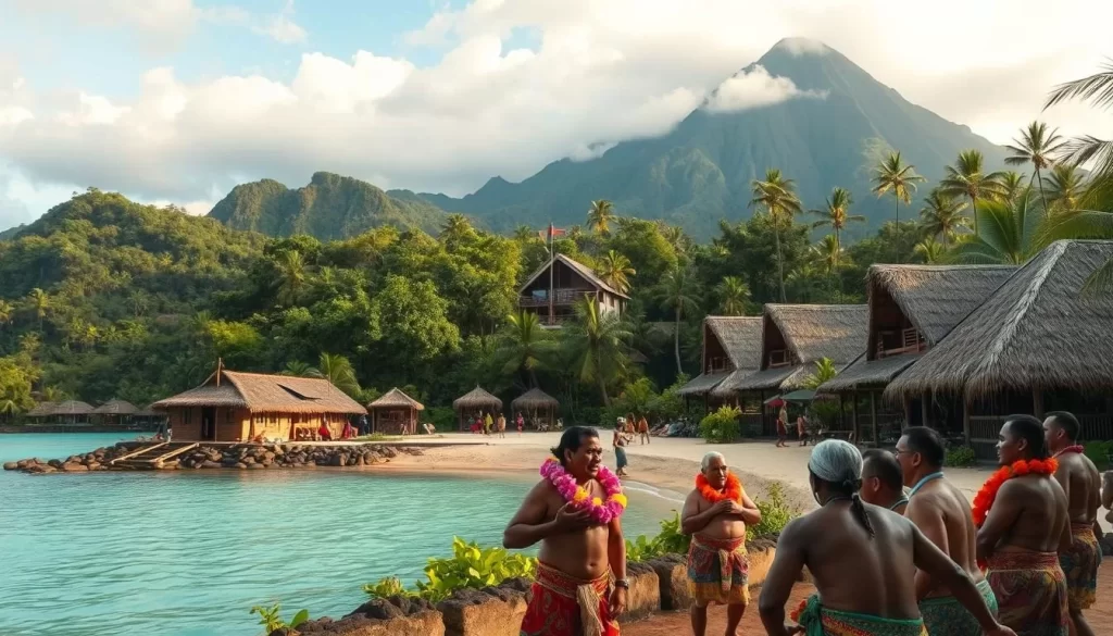 A vibrant Fijian village nestled amidst lush tropical foliage, with traditional thatched-roof bures lining the shores of a tranquil turquoise lagoon. In the foreground, locals dressed in colorful masi cloth and floral garlands engage in ceremonial dances, their movements graceful and rhythmic. The middle ground features a group of elders seated in a circle, engaged in deep cultural discourse. In the background, a towering volcanic peak rises, shrouded in wispy clouds. Soft, natural lighting bathes the scene, creating a warm, inviting atmosphere that captures the essence of Fiji's rich cultural heritage.