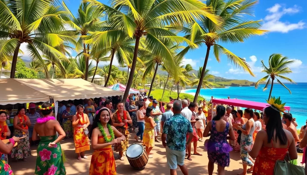 A vibrant Hawaiian festival in the warm, tropical sunlight. In the foreground, colorfully dressed dancers sway to the rhythmic beats of traditional drums and ukuleles. In the middle ground, lively crowds browse vibrant stalls selling handcrafted leis, woven baskets, and freshly grilled pineapple skewers. The background features a lush, green landscape with swaying palm trees and a glimpse of the sparkling azure ocean. The atmosphere is one of joy, cultural celebration, and the essence of island life. Captured with a wide-angle lens to convey the immersive festival experience.