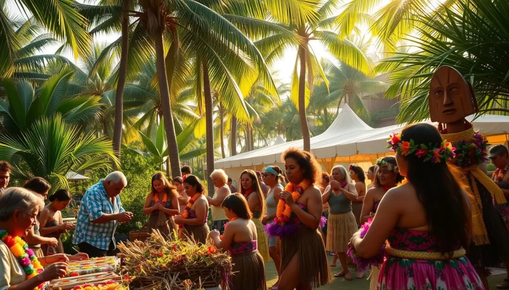 A vibrant Hawaiian festival scene, with a lush tropical backdrop of swaying palm trees and vivid greenery. In the foreground, a group of people engaged in traditional Hawaiian workshops - weaving colorful leis, carving intricate wooden masks, and dancing the hula with graceful movements. Warm, golden sunlight filters through the scene, casting a soft, inviting glow. The atmosphere is one of cultural immersion, with participants fully absorbed in the creative process, surrounded by the sights, sounds, and scents of this vibrant island celebration.