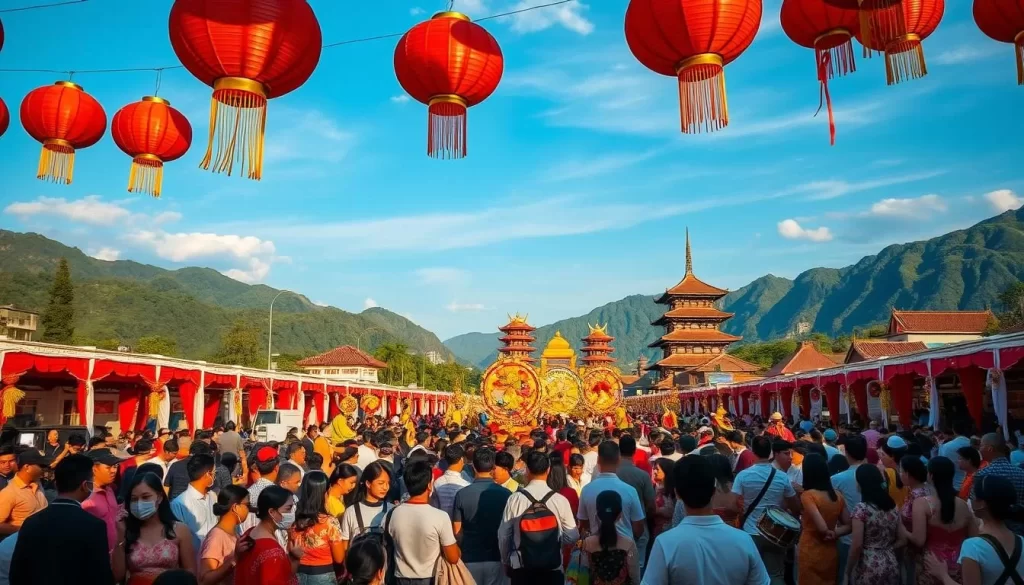 A vibrant Hualien County festival set against a backdrop of lush green mountains and azure skies. In the foreground, a bustling crowd adorned in traditional Taiwanese attire dances to the rhythmic beats of drums and cymbals. Colorful lanterns and festival banners sway gently in the warm, golden sunlight, casting a festive glow over the scene. The middle ground showcases a parade of elaborately decorated floats, each one a unique representation of the region's rich cultural heritage. In the distance, towering pagodas and historic temples stand as silent witnesses to the joyous celebration, creating a harmonious blend of modernity and tradition. The overall atmosphere exudes a sense of community, vibrance, and cultural pride.
