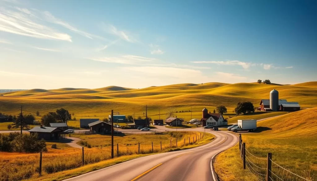 A vibrant Kansas landscape bathed in warm afternoon light, with rolling plains dotted with lush greenery and a few wispy clouds drifting across a clear azure sky. In the foreground, a winding country road leads the eye towards a charming small-town main street, its buildings exuding a cozy, nostalgic atmosphere. The middle ground features a few idyllic farms and silos, while the background showcases the gentle undulating hills that define the region's pastoral beauty. The overall mood is one of tranquility and approachability, inviting the viewer to envision a weather-savvy getaway to this heartland gem.
