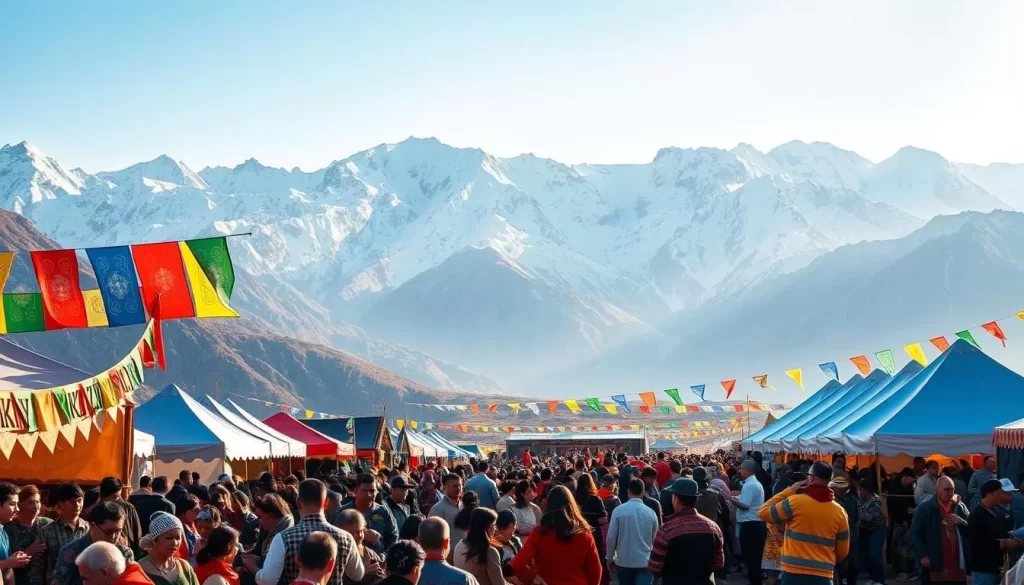 A vibrant Kyrgyz festival calendar unfolds against the majestic backdrop of snow-capped mountains. In the foreground, a lively crowd gathers, adorned in traditional garments in a kaleidoscope of colors. Intricate patterns and embroidery adorn their clothing, reflecting the rich cultural heritage. Tents and stalls dot the scene, offering a tantalizing array of local crafts, foods, and entertainment. Warm sunlight filters through, casting a golden glow over the festivities. In the middle ground, musicians play traditional instruments, their melodies weaving through the bustling atmosphere. Vibrant flags flutter in the gentle breeze, adding to the festive ambiance. The distant mountains, their peaks capped in pristine white, create a stunning natural frame for this Kyrgyz cultural celebration.