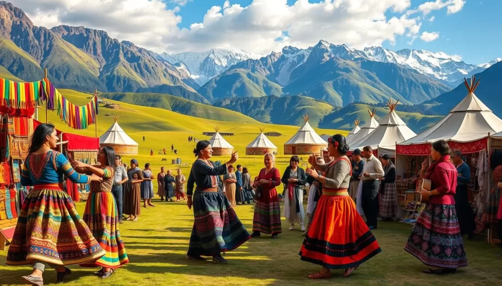 A vibrant Kyrgyz village festival set against a backdrop of majestic mountains. In the foreground, colorfully dressed locals dance to the rhythmic beat of traditional music, their movements fluid and joyful. In the middle ground, artisanal stalls offer a dazzling array of handcrafted goods, from intricate textiles to carved wooden figurines. The background features the distinctive conical yurts of the Kyrgyz people, their earthy tones complementing the lush green meadows and towering peaks beyond. The scene is bathed in warm, golden light, evoking a sense of harmony and celebration. Capture the vibrant spirit of this Kyrgyz village festival in rich, photorealistic detail.