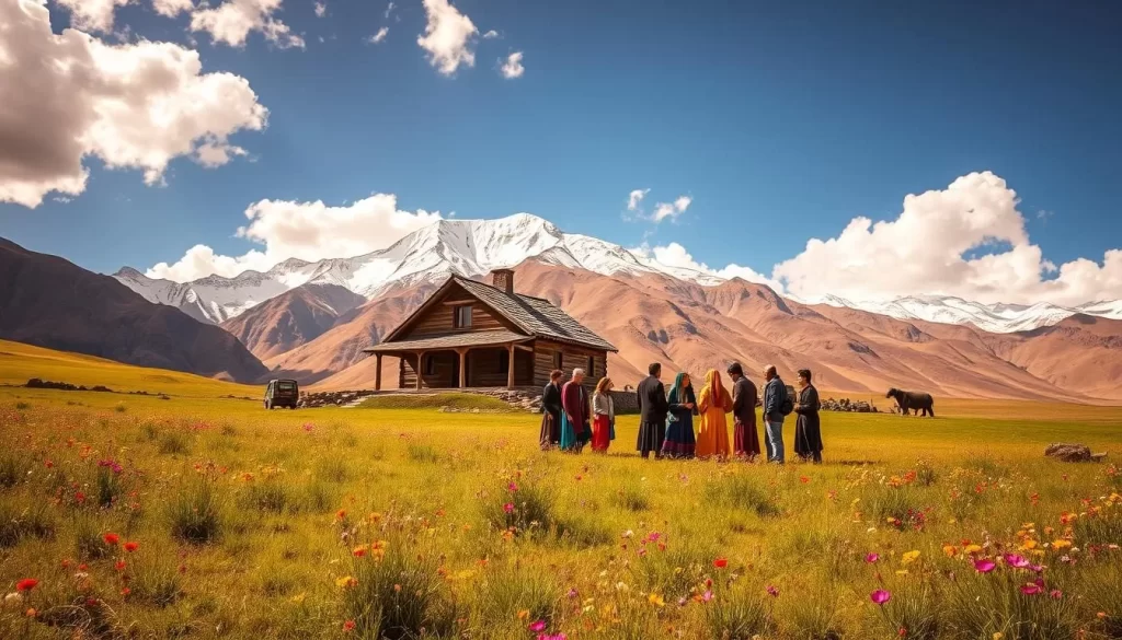 A vibrant Ladakhi landscape with a traditional Ladakhi house, surrounded by snow-capped mountains in the background. The foreground features a lush meadow with colorful wildflowers, where a group of people in traditional Ladakhi attire are gathered, engaged in a spirited conversation. The warm, golden sunlight filters through the clouds, casting a serene glow over the scene. The composition emphasizes the rich cultural heritage and the close-knit community that is integral to the Ladakhi way of life.