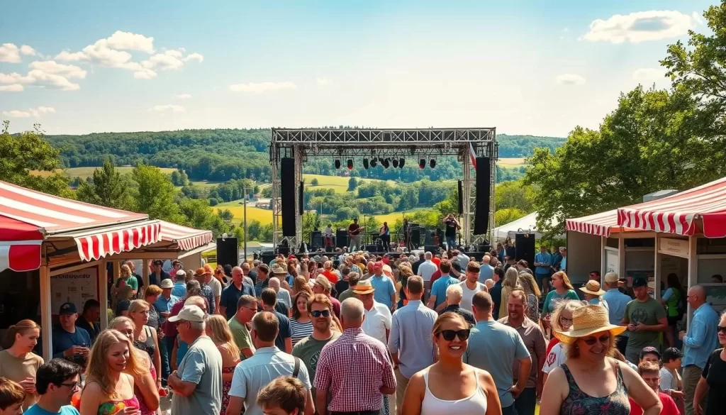 A vibrant Massachusetts summer festival comes to life in a bustling outdoor scene. In the foreground, a lively crowd gathers around food stalls offering local delicacies, their colorful clothing and laughter creating a festive atmosphere. The middle ground features a grand stage where musicians perform, their energetic music filling the air. In the background, a scenic New England landscape unfolds, with rolling hills, lush trees, and a clear blue sky overhead, bathed in warm, golden sunlight. The overall mood is one of joyous celebration, capturing the spirit of a quintessential Massachusetts summer festival.