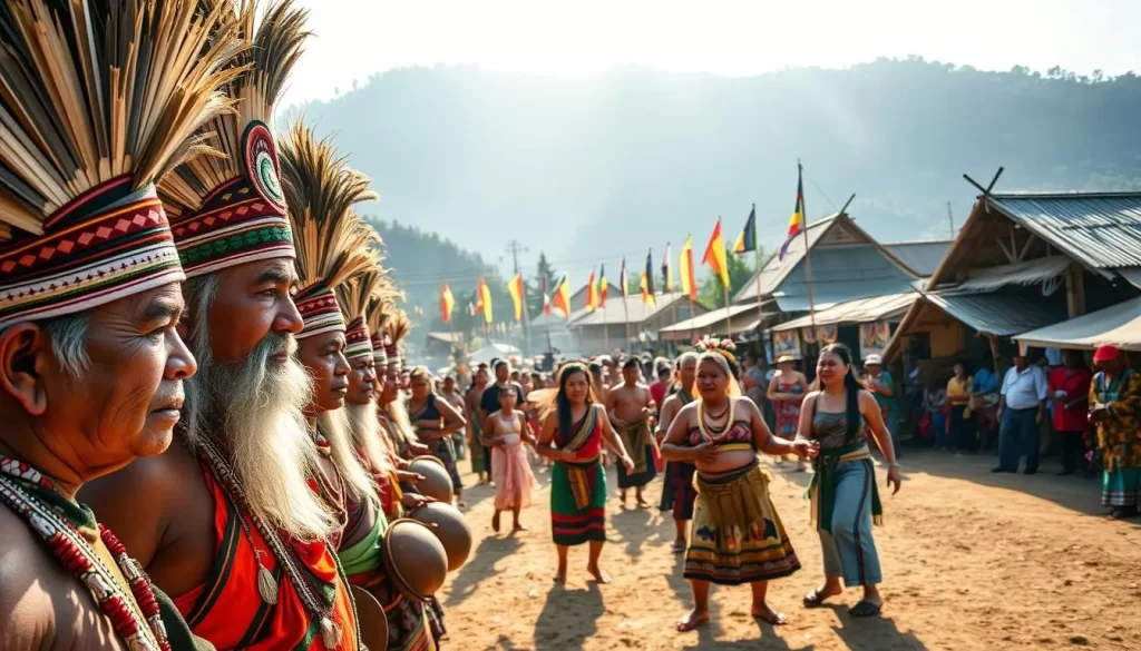 A vibrant Naga festival unfolds in a picturesque village, bathed in the warm glow of the afternoon sun. In the foreground, tribal elders don their intricate headdresses and ceremonial attire, their faces radiating a sense of pride and tradition. In the middle ground, energetic dancers sway to the rhythm of traditional drums and gongs, their movements fluid and graceful. The background reveals a tapestry of colorful flags, woven textiles, and thatched-roof huts, creating a captivating cultural atmosphere. The entire scene exudes a palpable sense of joy, community, and the rich heritage of the Naga people.