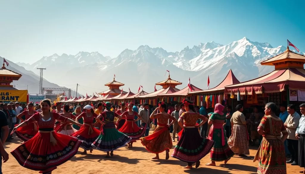 A vibrant Nepali cultural festival, set against the backdrop of snow-capped Himalayan peaks. In the foreground, a colorful procession of dancers in traditional costumes swirls and twirls, their intricate movements punctuated by the rhythmic beats of drums and the melodic chants of the crowd. In the middle ground, artisanal stalls offer an array of handcrafted wares, from vibrant textiles to ornate jewelry. The scene is bathed in warm, golden sunlight, creating a serene and joyful atmosphere that captures the essence of Nepali culture and its rich heritage.