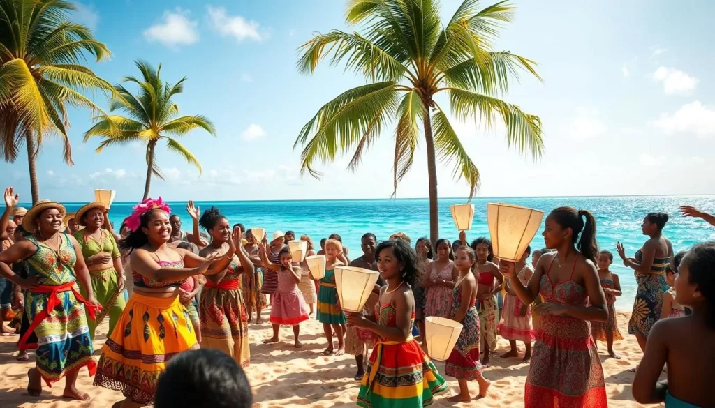 A vibrant New Year's celebration in Kiribati, with a lively crowd gathered on a sunny beach. In the foreground, local dancers in colorful traditional garments perform energetic routines, their intricate movements and joyful expressions captured with a wide-angle lens. The middle ground showcases a group of children playing with handmade paper lanterns, their laughter and delight filling the air. In the background, palm trees sway gently as the sparkling blue ocean stretches out, creating a serene and picturesque setting. Warm, soft lighting bathes the entire scene, evoking a festive and welcoming atmosphere.
