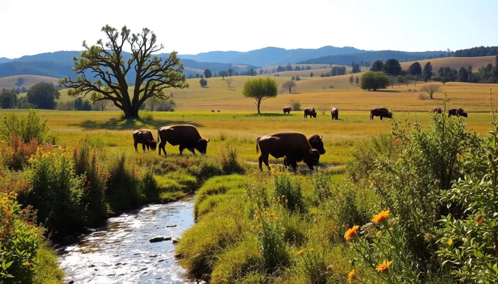 A vibrant Oklahoma wildlife refuge on a sun-dappled day. In the foreground, a crystal-clear stream winds through lush, verdant foliage, its banks dotted with colorful wildflowers. In the middle ground, a herd of majestic bison grazes peacefully, their thick coats gleaming in the soft, golden light. Beyond, rolling hills and towering trees stretch out, creating a serene, natural landscape. The scene is bathed in a warm, inviting glow, the result of a wide-angle lens capturing the essence of this outdoor oasis. The overall mood is one of tranquility and harmony, inviting the viewer to immerse themselves in the beauty of Oklahoma's natural wonders.