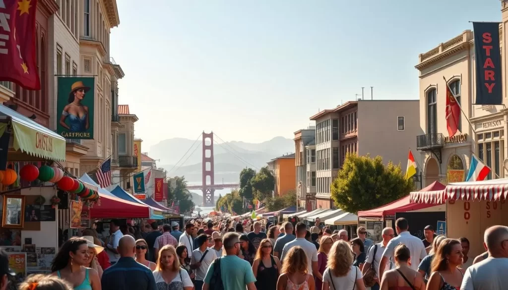 A vibrant San Francisco street festival scene on a sun-drenched day. In the foreground, a lively crowd of locals and tourists perusing artisan stalls, sampling local cuisine, and listening to a lively live band. Colorful banners and decorations adorn the buildings lining the street. In the middle ground, a section of the iconic Golden Gate Bridge is visible, hazy in the distance. The background features the rolling hills and skyscrapers of the city's skyline, bathed in warm, golden light. Overall, a joyful, celebratory atmosphere that captures the energy and diversity of a quintessential California festival.