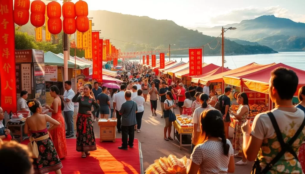 A vibrant Taitung festival scene, with participants immersed in celebratory activities. In the foreground, a lively dance troupe performs traditional movements against a backdrop of colorful banners and decorations. In the middle ground, vendors offer an array of local delicacies and handicrafts, while onlookers browse the bustling marketplace. The background showcases the region's natural beauty, with lush mountains and a serene coastal landscape framing the festivities. Warm, golden lighting bathes the entire scene, creating a festive and welcoming atmosphere. Capture the essence of Taitung's cultural heritage and the joyous spirit of its renowned festivals.