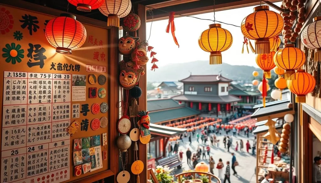 A vibrant Taiwanese festival calendar displayed on a wooden board, illuminated by warm sunlight streaming through the windows. In the foreground, colorful paper lanterns and intricate decorations hang from the ceiling, casting a soft, inviting glow. The middle ground features traditional festival masks, fans, and ornaments arranged in an eye-catching display. In the background, a panoramic view of a lively town square with people going about their daily activities, capturing the festive atmosphere. The image conveys a sense of cultural richness, joyful celebration, and the year-round traditions that make Taiwan's festivals so captivating.