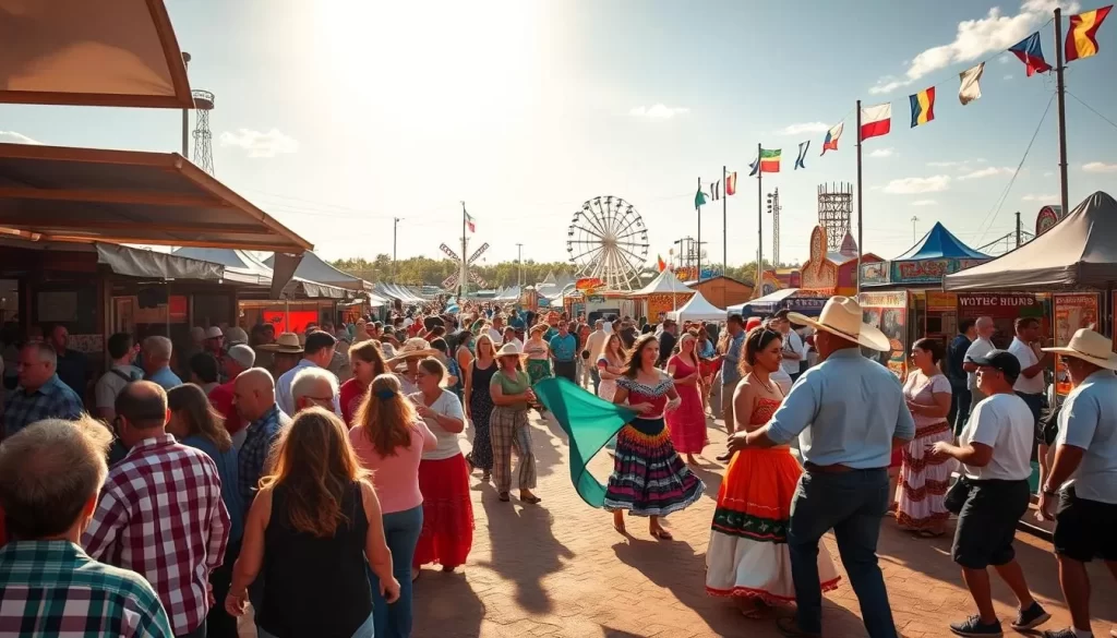 A vibrant Texas festival scene, brimming with energy and local flavor. In the foreground, a lively crowd gathers around food stalls, tantalizing the senses with the aroma of smoked barbeque and sizzling fajitas. In the middle ground, dancers in colorful traditional costumes sway to the rhythmic beats of live music, their movements fluid and graceful. In the background, an array of carnival rides and game booths dot the landscape, creating a sense of excitement and festive atmosphere. The sun shines brightly, casting a warm glow over the entire scene, and the overall mood is one of joyous celebration and community.