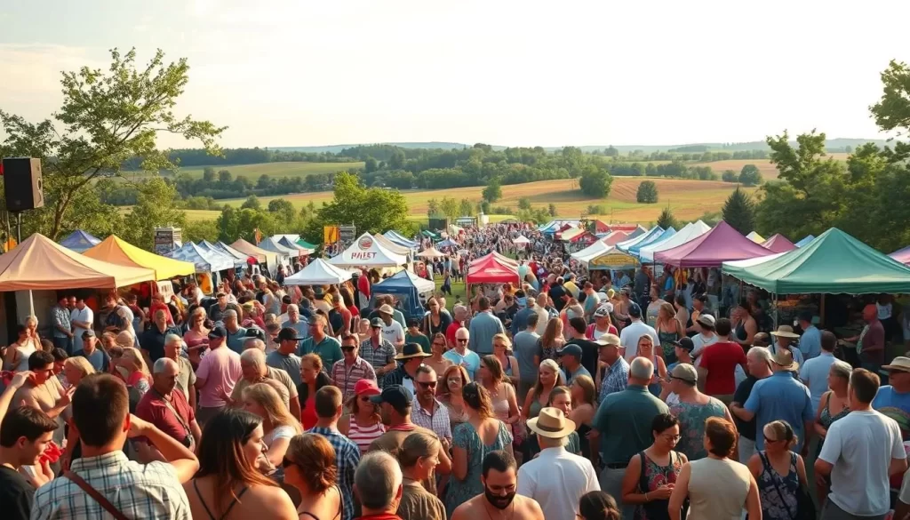 A vibrant Wisconsin festival scene, with a bustling crowd of revelers enjoying live music, local cuisine, and colorful handcrafted wares under the warm glow of a summer afternoon. In the foreground, a lively dance floor pulsates with energy, surrounded by boisterous attendees adorned in festive attire. The middle ground features a variety of vendor stalls, their bright canopies and artisanal displays creating a tapestry of color and texture. In the background, a picturesque countryside landscape serves as a serene backdrop, rolling hills and verdant trees framing the joyous celebration. The scene is illuminated by soft, diffused natural lighting, capturing the vibrant atmosphere and the spirit of community that defines Wisconsin's rich festival culture.