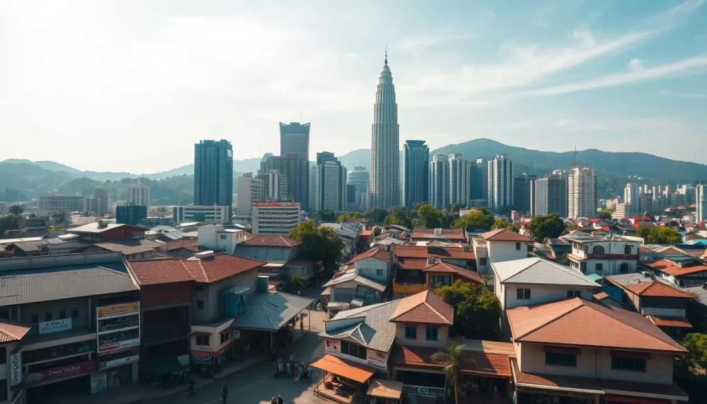 A vibrant aerial view of Kuala Lumpur's diverse neighborhoods on a sun-dappled day. In the foreground, charming shophouses and street markets bustle with activity, their colorful facades casting warm shadows. The middle ground reveals towering skyscrapers and iconic landmarks like the Petronas Towers, their glass and steel structures gleaming under the soft natural light. In the background, lush green hills and parks provide a serene contrast to the urban landscape. The overall scene conveys the dynamic energy and cultural richness of Malaysia's captivating capital city.
