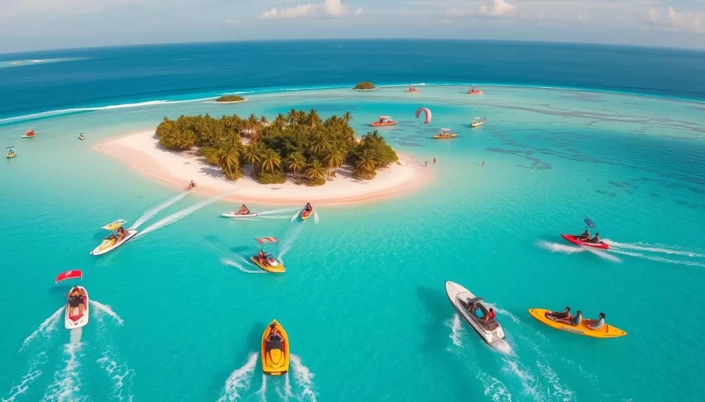 A vibrant aerial view of Layang Layang Island, Malaysia, showcasing its stunning turquoise waters and colorful water sports activities. In the foreground, a group of beachgoers engaged in various water sports such as parasailing, jet skiing, and kayaking, their movements and vibrant attire creating a dynamic and energetic scene. The middle ground features a lush tropical landscape with swaying palm trees and pristine sandy beaches, while the background showcases the island's distinctive coral reef formations and crystal-clear waters. Capture the scene with a wide-angle lens, using a warm, golden-hour lighting that enhances the idyllic, vacation-like atmosphere. The overall image conveys a sense of adventure, relaxation, and the boundless opportunities for water-based activities beyond just diving on this picturesque Malaysian island.