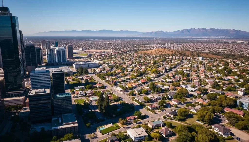 A vibrant aerial view of Los Angeles neighborhoods, captured on a sunny day. The foreground features the iconic skyscrapers and high-rises of downtown LA, with their sleek glass and steel facades reflecting the warm, golden light. In the middle ground, a patchwork of residential areas unfolds, with neatly arranged houses and lush, tree-lined streets. The background showcases the city's natural beauty, with the rolling hills and the majestic Santa Monica Mountains providing a stunning backdrop. The image conveys a sense of dynamic urban energy balanced by the tranquility of the surrounding landscape, inviting the viewer to explore the diverse neighborhoods and the endless possibilities of a 5-day adventure in Los Angeles.