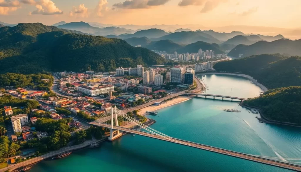 A vibrant aerial view of Penang Island, Malaysia's cultural gem, bathed in warm, golden sunlight. The lush, verdant forests and hills fade into the distance, framing the bustling city center with its iconic shophouses, temples, and bustling streets. In the foreground, the iconic Penang Bridge stretches across the turquoise waters of the Straits of Malacca, leading the eye toward the picturesque coastline dotted with sandy beaches and traditional fishing villages. The scene radiates a sense of harmony between the island's natural beauty and its rich cultural heritage.