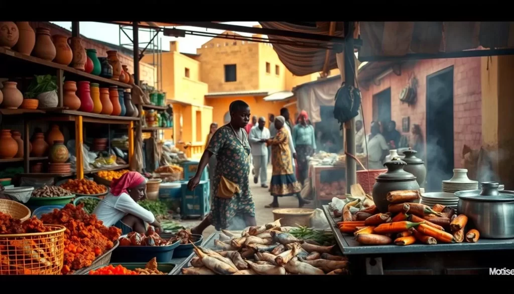 A vibrant and authentic scene of local cuisine in Aneho, Togo. A bustling open-air market with an array of fresh produce, spices, and handcrafted pottery. In the foreground, vendors sell sizzling grilled meats, fish, and vegetable dishes, their aromas wafting through the air. In the middle ground, patrons peruse the stalls, selecting ingredients for traditional Togolese meals. The background features the warm, sun-dappled facades of nearby buildings, creating a welcoming atmosphere. Natural lighting casts a golden glow, accentuating the vibrant colors and textures of the scene. An immersive, sensory experience that captures the essence of local cuisine in this captivating West African town.