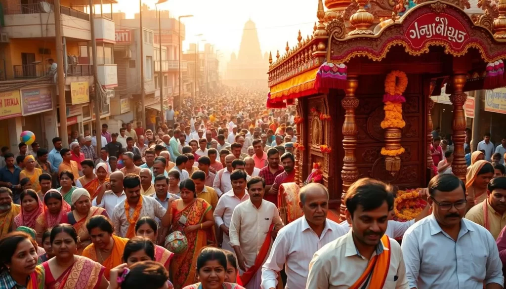 A vibrant and colorful Rath Yatra festival in West Bengal, India. In the foreground, a grand, intricately decorated wooden chariot adorned with vibrant fabrics, flowers, and intricate carvings. Devotees pull the chariot with great fervor, their faces alight with joy and reverence. In the middle ground, a large crowd of people in traditional attire, some carrying offerings, others singing and dancing to the rhythmic beat of drums. The background features a bustling street scene, with brightly colored buildings, shops, and the hazy outline of a temple in the distance. Warm, golden sunlight bathes the entire scene, creating a sense of energy and celebration.