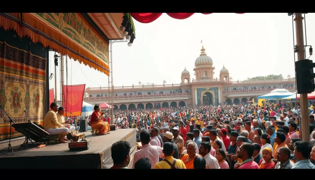 A vibrant and colorful Tamil Nadu Music Festival unfolds on a warm, sunny day. In the foreground, a stage is adorned with intricate tapestries and traditional instruments, where skilled musicians and dancers gracefully perform. The middle ground is bustling with a lively crowd, their expressions filled with joy and appreciation for the captivating cultural display. In the background, the architecture of the venue reflects the rich heritage of Tamil Nadu, with ornate structures and vibrant hues that set the stage for this celebration of music and arts. Soft, natural lighting illuminates the scene, creating a serene and atmospheric ambiance that transports the viewer to the heart of this beloved festival.