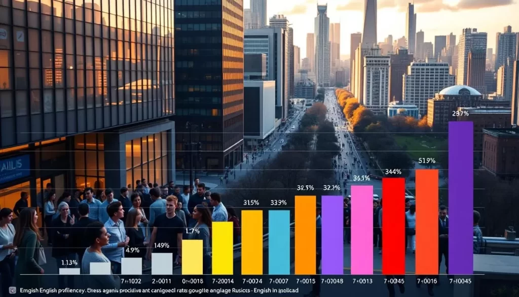 A vibrant and colorful bar graph displaying English proficiency rates across different language groups in an urban setting. The foreground features sleek, modern chart elements with clear data visualization. The middle ground shows a diverse group of people from various backgrounds, engaged in conversation and gesturing, conveying a sense of community. The background depicts a cityscape with skyscrapers, parks, and bustling streets, bathed in a warm, golden-hour lighting. The overall atmosphere is one of progress, inclusion, and the celebration of linguistic diversity.