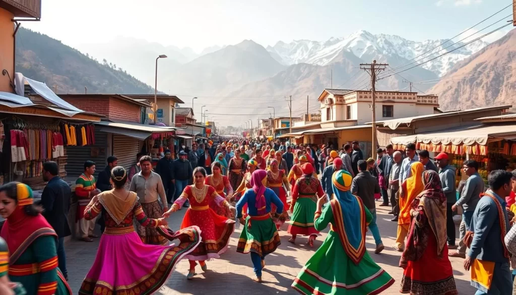 A vibrant and colorful celebration of Himachal Pradesh's rich cultural heritage. In the foreground, a lively parade of dancers in traditional costumes weaves through the bustling streets, their vibrant hues and energetic movements drawing the eye. In the middle ground, locals gather around stalls selling handcrafted goods, spices, and delectable regional cuisine, creating a bustling marketplace atmosphere. The background features the majestic Himalayan peaks, their snow-capped summits framing the scene with a sense of timeless grandeur. Warm, golden sunlight bathes the entire tableau, lending a sense of joyous festivity and community spirit. The overall impression is one of a vibrant, immersive cultural experience that transports the viewer to the heart of Himachal Pradesh's vibrant festival traditions.