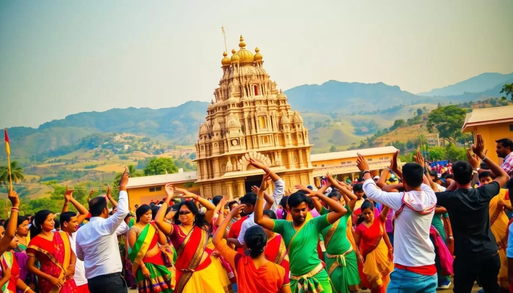 A vibrant and colorful festival scene in Andhra Pradesh, India, showcasing the rich cultural heritage and traditions of the region. In the foreground, a lively crowd of people in traditional attire participate in a vibrant dance, their movements captured in a dynamic, energetic pose. The middle ground features an ornate, intricately decorated temple, its architecture a stunning blend of ancient and modern elements. In the background, a picturesque landscape of rolling hills and lush greenery provides a serene and tranquil backdrop, bathed in warm, golden sunlight. The overall atmosphere is one of joy, celebration, and a deep connection to the spiritual and cultural roots of Andhra Pradesh.