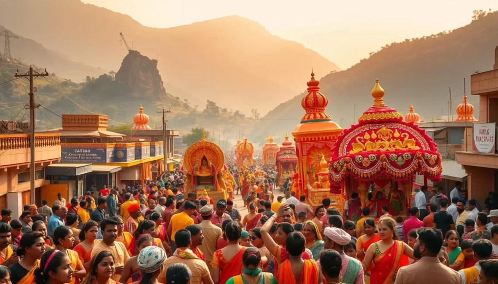 A vibrant and colorful festival scene in Chhattisgarh, India. In the foreground, a lively crowd celebrating with traditional dance performances, donning vibrant costumes and accessories. In the middle ground, elaborately decorated floats and parade elements move through the streets, with intricate patterns and vibrant hues. The background showcases the unique architecture and landscapes of the region, with towering mountains and lush greenery framing the festivities. Warm, golden sunlight bathes the entire scene, creating a festive and joyous atmosphere. The composition captures the energy, cultural richness, and seasonal celebrations that define the festivals of Chhattisgarh.