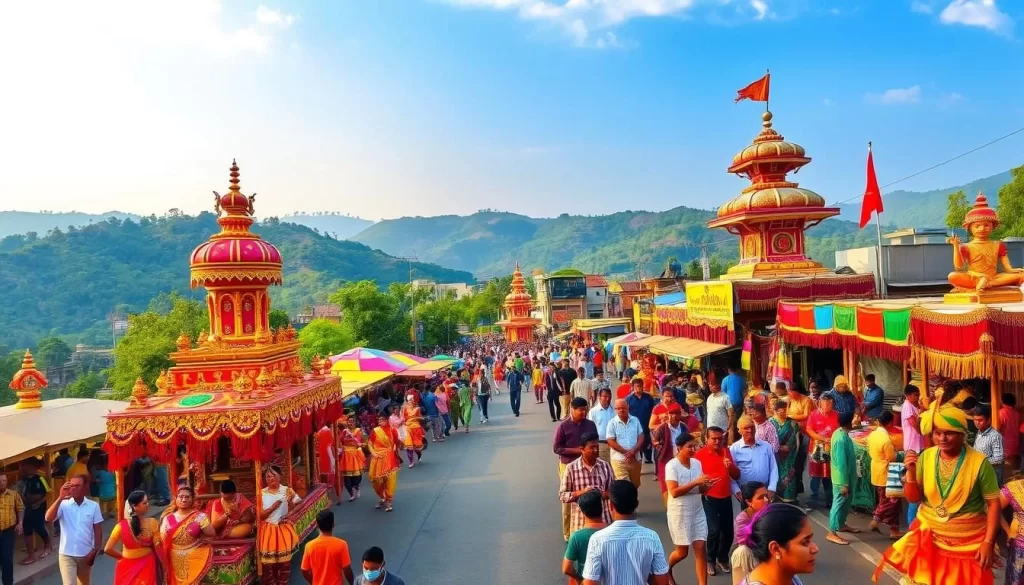 A vibrant and colorful festival scene in Tripura, India. In the foreground, a lively parade with ornately decorated floats, dancers in vibrant costumes, and musicians playing traditional instruments. In the middle ground, a bustling marketplace filled with stalls selling handicrafts, textiles, and local delicacies. The background features a backdrop of lush, verdant hills and a clear blue sky with soft, diffused lighting. The atmosphere is one of joyous celebration, cultural richness, and community togetherness.