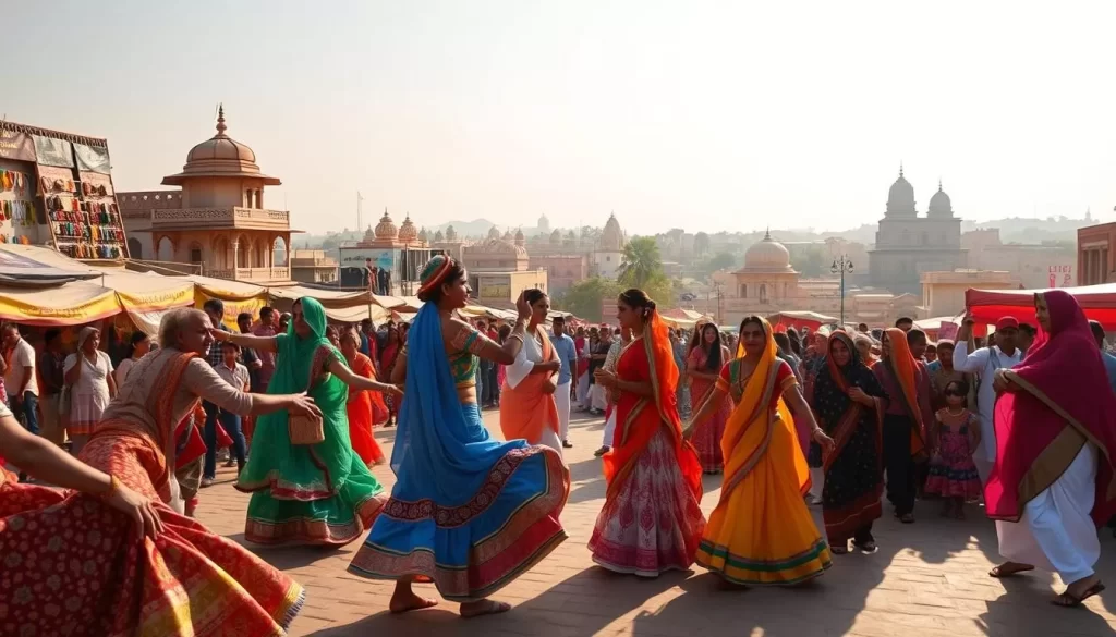 A vibrant and colorful scene of Gujarat's lesser-known festivals unfolds against the backdrop of a warm, sunny day. In the foreground, a lively group of dancers adorned in traditional Gujarati attire sway to the rhythmic beats of local music, their intricate costumes and vibrant hues capturing the essence of the region's cultural heritage. In the middle ground, a bustling marketplace showcases a variety of handicrafts, textiles, and local delicacies, inviting visitors to immerse themselves in the vibrant tapestry of Gujarati traditions. The background features a picturesque landscape dotted with historic temples and landmarks, lending a sense of timelessness and grandeur to the scene. The overall atmosphere conveys a sense of joy, celebration, and a deep connection to the rich cultural fabric of Gujarat.
