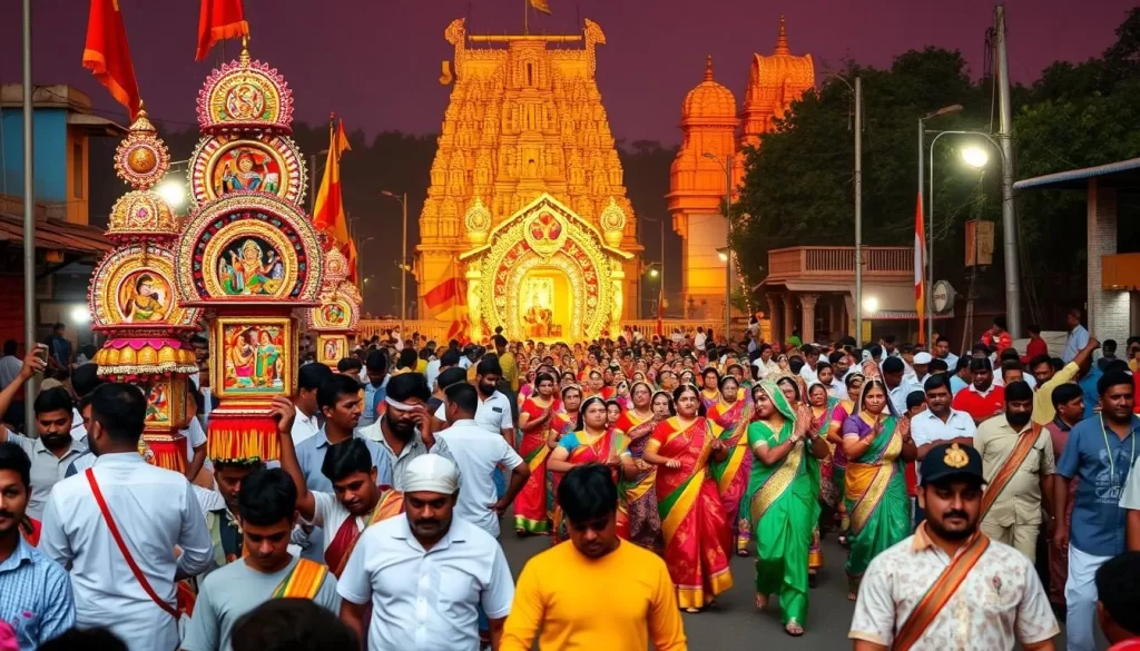 A vibrant and colorful scene of Karnataka's religious festivals. In the foreground, a lively procession of devotees carrying intricate, elaborately decorated religious icons and flags. The middle ground showcases traditional dancers in vibrant costumes, performing rhythmic dances to the beat of drums and chants. In the background, ornate temples and shrines stand tall, bathed in warm, golden light. The atmosphere is one of reverence, celebration, and community, with a sense of spiritual harmony permeating the air. Capture the energy, the devotion, and the rich cultural tapestry of Karnataka's religious festivals.
