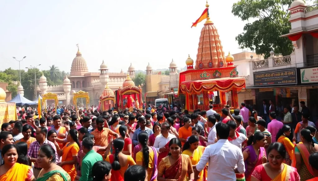 A vibrant and colorful scene of Maharashtra's vibrant festivals. In the foreground, a lively crowd of people in traditional attire celebrate with dance and music, their movements captured in a sense of joyous energy. In the middle ground, intricately decorated floats and colorful banners create a festive atmosphere, while in the background, historic temples and architectural landmarks provide a scenic backdrop. The lighting is warm and natural, evoking the sunshine of a pleasant day. The overall mood is one of celebration, cultural richness, and deep-rooted traditions.