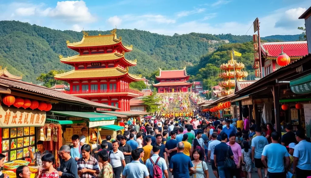 A vibrant and colorful scene of Yilan County's lively festivals, set against a backdrop of lush green hills and a clear blue sky. In the foreground, a bustling street market filled with local vendors selling an array of traditional Taiwanese foods, handicrafts, and other wares. Crowds of people mingle and weave through the stalls, their faces alight with excitement. In the middle ground, a traditional Taiwanese temple with ornate architecture and vibrant red and gold accents stands tall, its intricate details illuminated by warm, natural lighting. In the distance, a parade of dancers and musicians in colorful, traditional costumes move through the streets, creating a lively and festive atmosphere. The overall scene conveys the rich cultural heritage and joyous spirit of Yilan County's renowned festivals.
