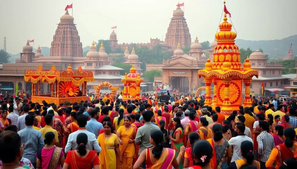 A vibrant and colorful scene of a Madhya Pradesh festival in full swing. In the foreground, a lively crowd of people dressed in traditional attire dance and celebrate, their movements captured in a soft, warm lighting. In the middle ground, ornately decorated floats and stages set the stage for cultural performances, their intricate designs and bright hues reflecting the rich heritage of the region. The background features a backdrop of towering temples and ancient architecture, providing a majestic and awe-inspiring context for the festivities. The overall atmosphere is one of joyous celebration, cultural pride, and a deep connection to the land and its traditions.