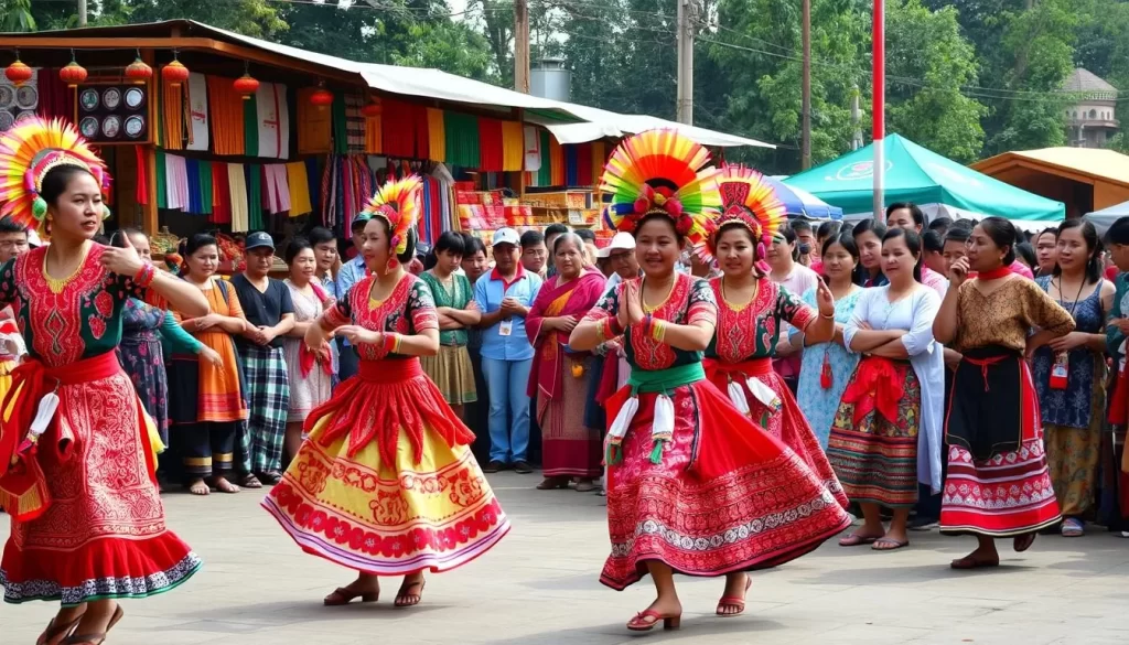 A vibrant and colorful scene of a traditional Nagaland festival, showcasing the rich cultural heritage of the region. In the foreground, a group of dancers adorned in intricate traditional costumes perform a lively dance, their movements captured in a soft, natural light. In the middle ground, a crowd of spectators watches the performance, their expressions filled with joy and wonder. In the background, a bustling market stall features local artisanal crafts and delicacies, creating a sense of immersion in the festive atmosphere. The overall mood is one of celebration and cultural celebration, capturing the essence of Nagaland's vibrant festival traditions.