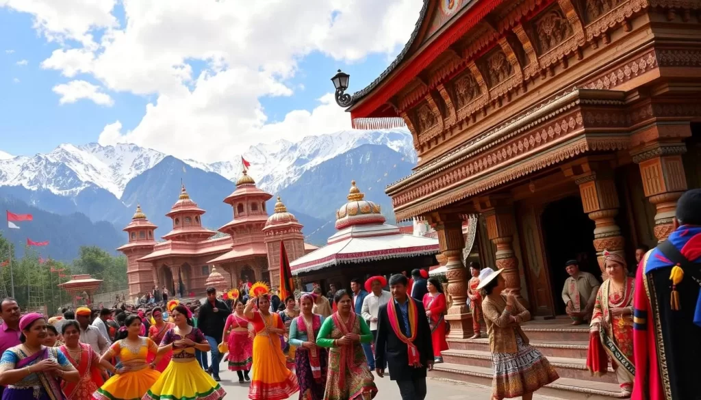 A vibrant and colorful scene showcasing the rich cultural heritage of Himachal Pradesh. In the foreground, a lively parade with traditional dancers adorned in intricate costumes, rhythmic music, and lively crowds. In the middle ground, ornate temples and shrines with intricate architectural details, surrounded by lush greenery and snow-capped mountains in the background. Warm, natural lighting illuminates the joyous atmosphere, capturing the essence of the region's festivals. A striking and immersive representation of the cultural vibrancy of Himachal Pradesh.