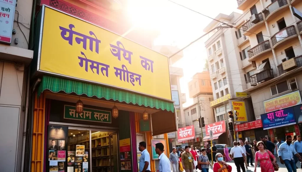 A vibrant and colorful storefront facade set against a backdrop of bustling city streets, showcasing the official languages of Bihar, India. The signage prominently displays the regional scripts of Hindi and Urdu, reflecting the linguistic diversity of the state. Warm sunlight bathes the scene, casting a welcoming glow and highlighting the intricate architectural details. Pedestrians navigate the lively thoroughfare, adding a sense of energy and movement to the image. The composition captures the essence of Bihar's official languages, conveying a sense of cultural richness and community.
