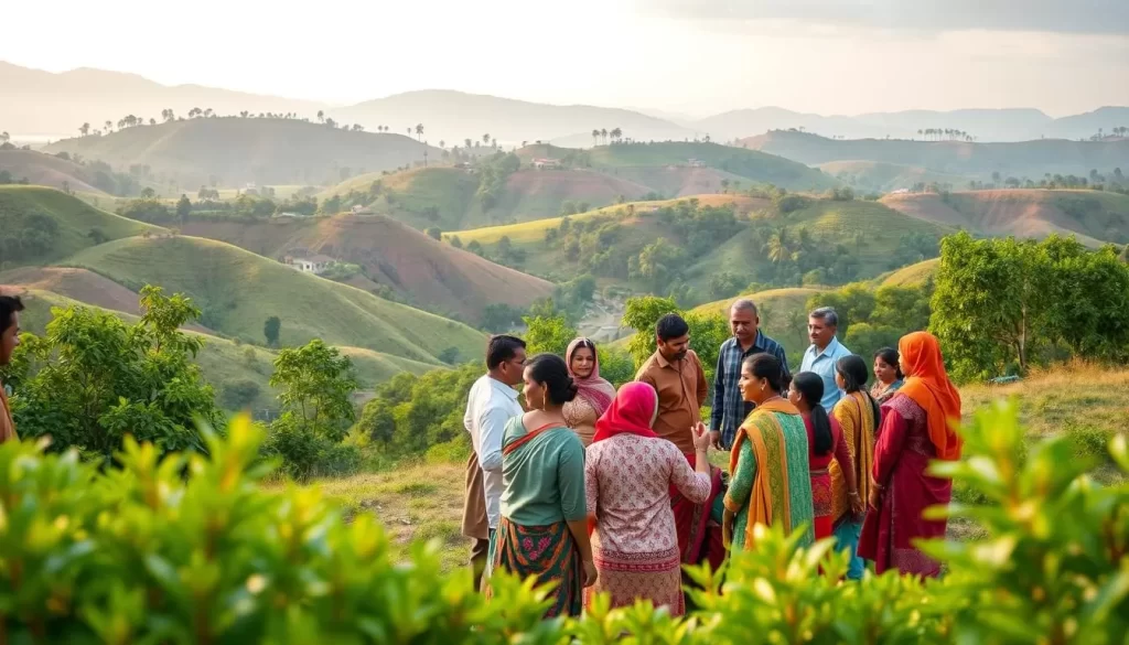 A vibrant and diverse landscape of Manipur's linguistic mosaic, with rolling hills in the background and lush foliage in the foreground. In the midground, groups of people from different ethnic communities engaged in lively conversation, their traditional attire and body language reflecting the cultural richness of the region. Warm, soft lighting illuminates the scene, creating a sense of harmony and inclusion. The image conveys the multilingual essence of Manipur, where various languages coexist and thrive, fostering a tapestry of linguistic diversity.