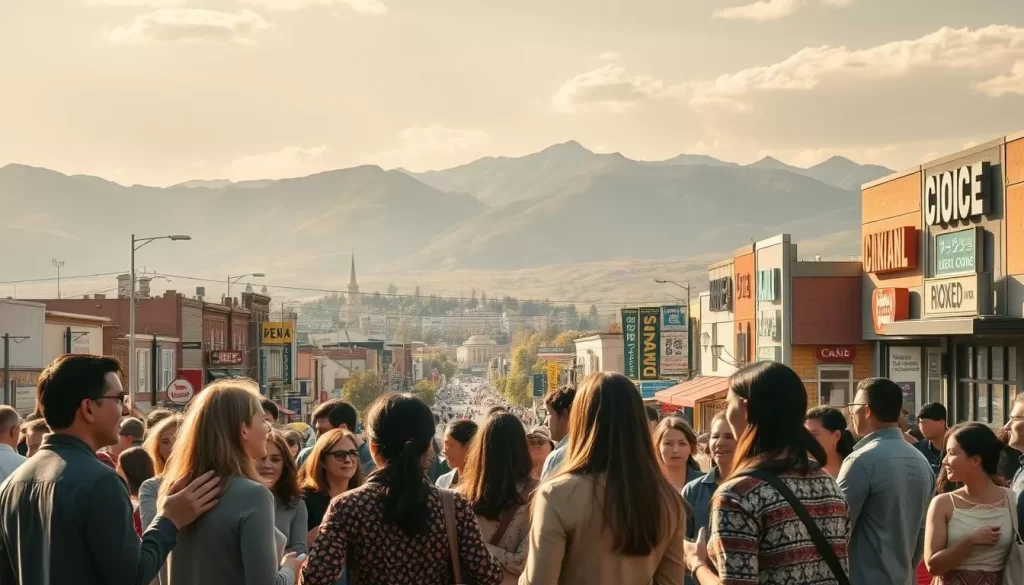 A vibrant and diverse linguistic landscape unfolds, with people of various backgrounds engaged in lively conversations. In the foreground, a group of individuals from diverse cultures exchange ideas, their gestures and expressions conveying the richness of their dialogues. In the middle ground, a bustling city street teems with signage and storefronts in multiple languages, reflecting the multilingual nature of the community. The background showcases the majestic mountains and rolling hills, symbolic of the natural beauty that frames this linguistic tapestry. Warm, diffused sunlight bathes the scene, creating a sense of harmony and inclusivity. This image captures the future trends in Idaho's linguistic diversity, where the coexistence of various languages and cultures fosters a vibrant and interconnected society.